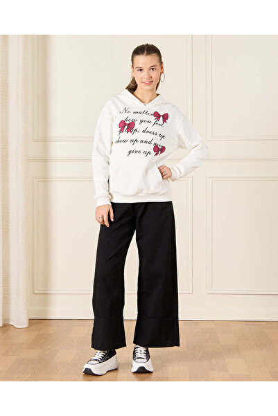 REDTAG Senior Girls White Printed Hooded Sweatshirt