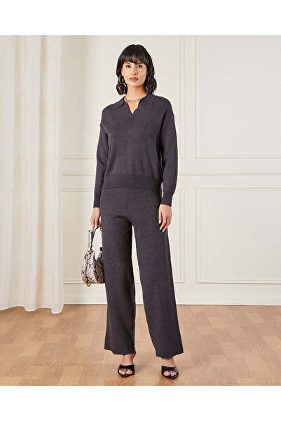 REDTAG Women Grey Knitted Wide Leg Trousers