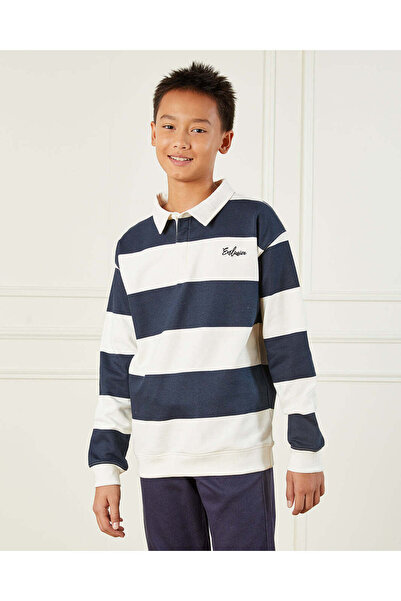 REDTAG Senior Boys White And Navy Striped Collared Sweatshirt