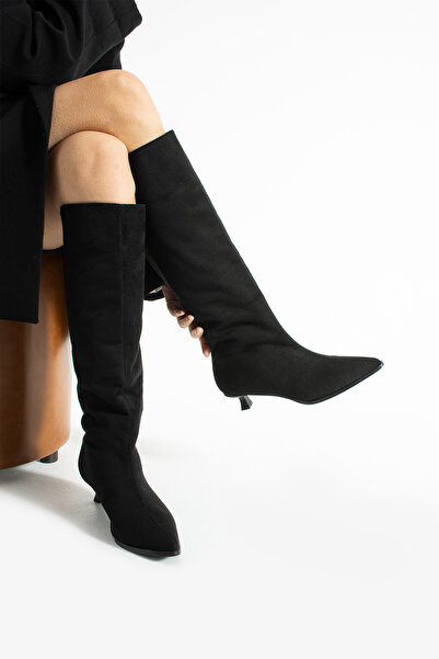 Gökçe Shoes Jake Siyah Süet Klasik Kadın Alçak Topuklu Çizme