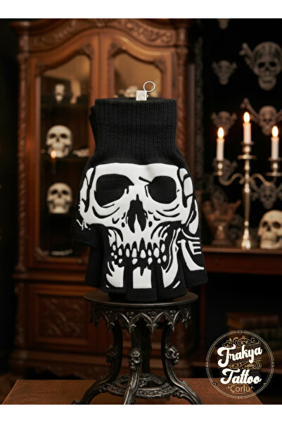 Trakya Tattoo Unisex Baskılı Kesik Parmak Eldiven Gotik Kurukafa Eldiven