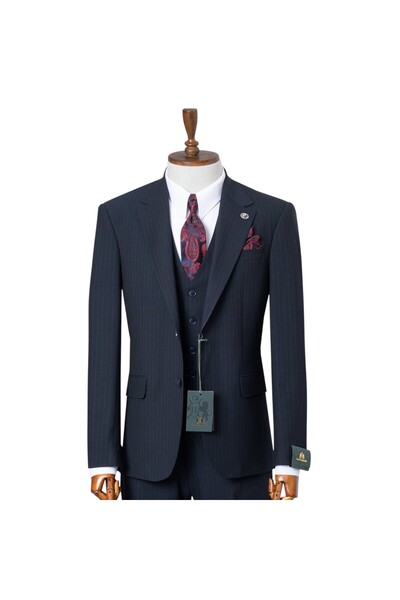 ilayda emir Slim Fit, Kr Double-Breasted Men's Suit, Navy Blue