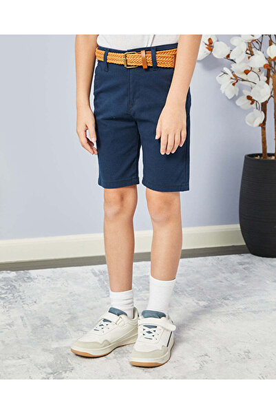 REDTAG Boys Navy Belted Dobby Chino Shorts