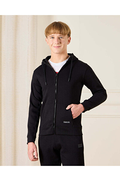 REDTAG Senior Boys Black Hooded Sweatshirt
