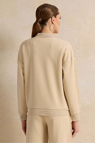 REDTAG Women Beige Bomber Sweatshirt With Lace Trim
