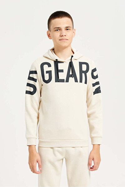 REDTAG Senior Boys Beige Printed Hooded Sweatshirt
