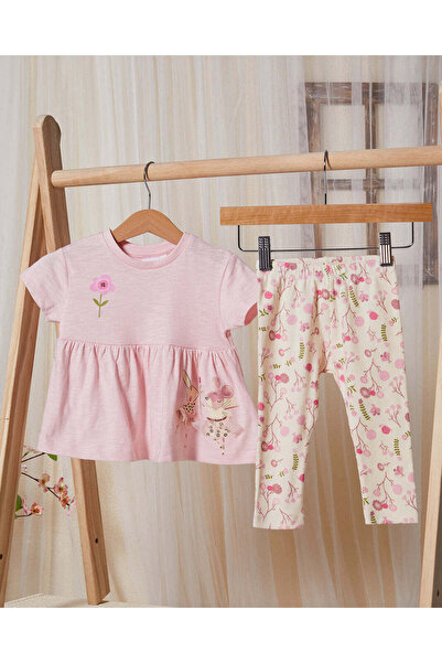 REDTAG مجموعة مطبوعات أرنب وردية للبنات الرضع (قطعتان)