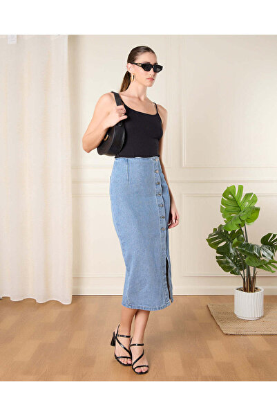 REDTAG Women Blue Button Down Wrap Denim Skirt