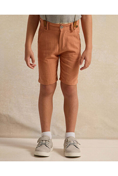 REDTAG Boys Brown Linen Shorts With Suspenders