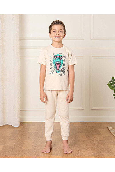 REDTAG Boys Beige Dino Print Pyjama Set (2 Piece)