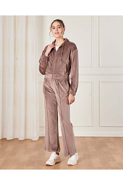 REDTAG Women Brown Zip thru Hooded Velour Active Sweatshirt