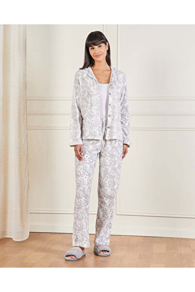 REDTAG Women Grey Collared Printed Pyjama Set (2 Piece)