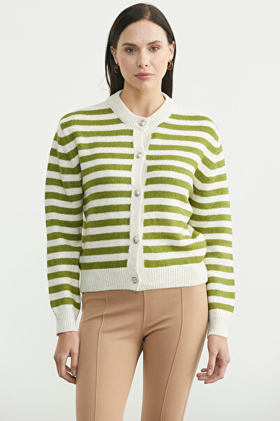 Sementa Striped Metal Button Knit Cardigan - Olive Green