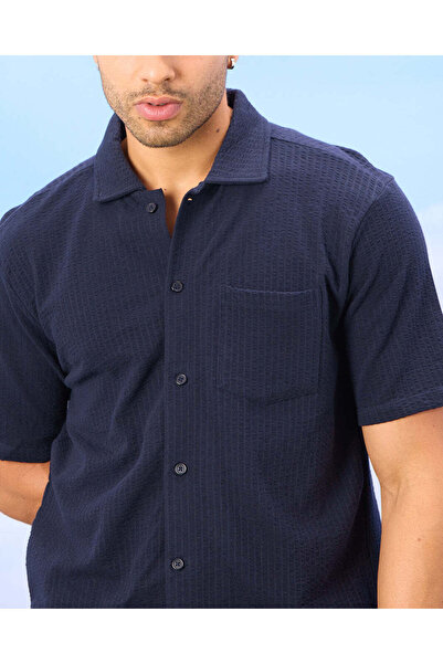 REDTAG Men Navy Lounge Jacquard Shirt