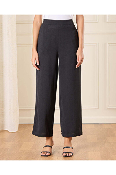 REDTAG Women Plain Black Wide Leg Casual Trouser