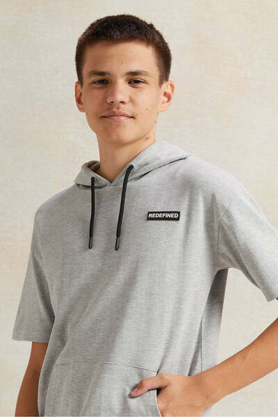 REDTAG Senior Boys Grey Hooded Sweatshirt