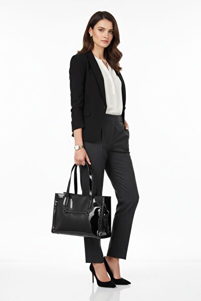 Deriderim Lupos Black Genuine Patent Leather Studded Tote Bag