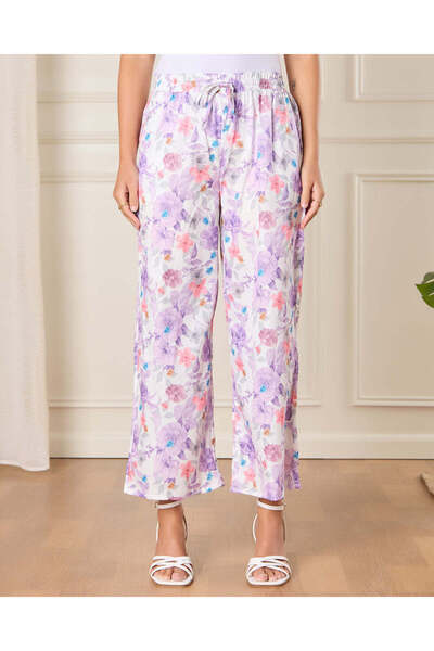 REDTAG Women Purple Printed Wide Leg Casual Trousers