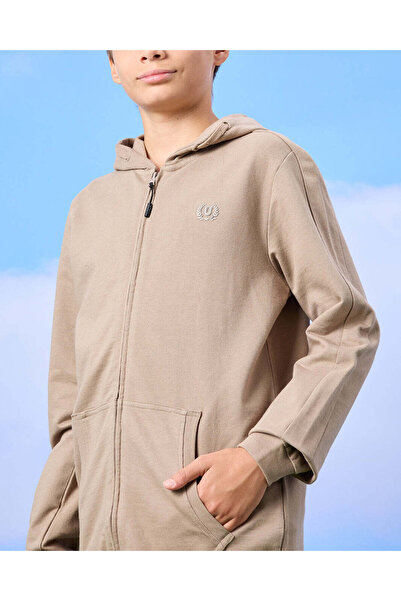 REDTAG Senior Boys Brown Zip Through Hooded Sweatshirt