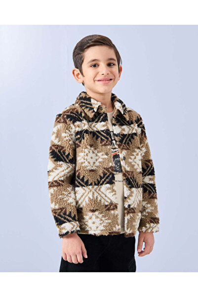 REDTAG Boys Brown Teddy Fur Front Open Sweatshirt