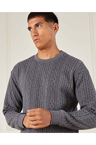 REDTAG Men Charcoal Jacquard Crew Neck Sweatshirt