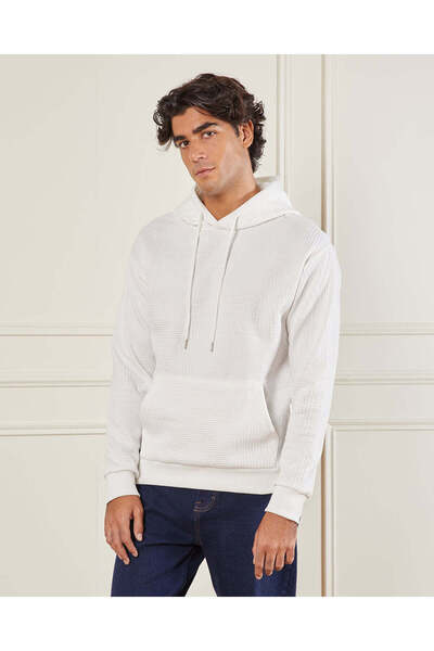 REDTAG Men White Textured Hooded Sweatshirt