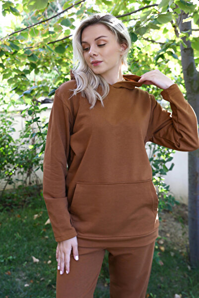 alfa expres Clothing Women's Cotton Hooded Pocketed 3 Thread Coffee Sweatpants Suit