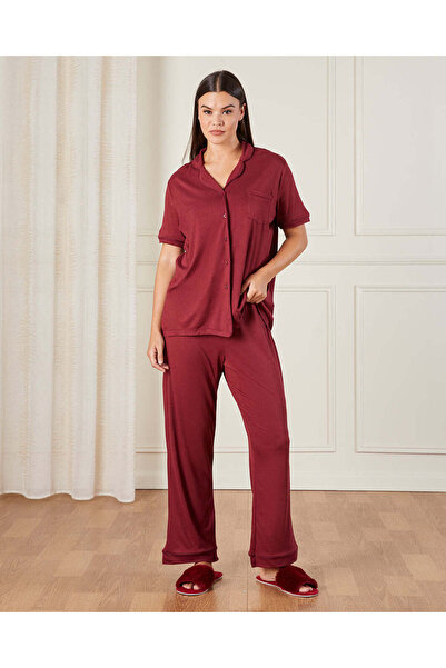 REDTAG Women Red Collared Pyjama Set (2 Piece)