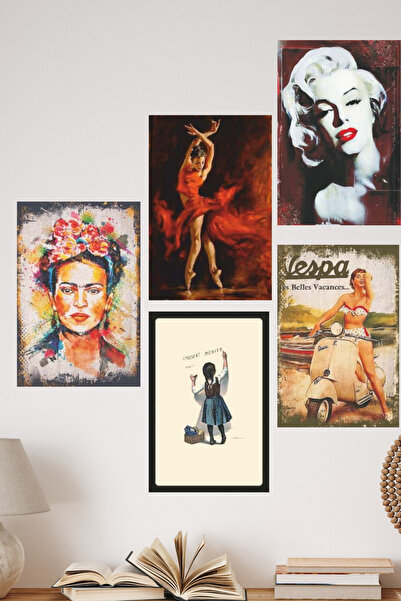 DURUSA Set de postere MDF cu tematică artistă și portret pentru femei (5 bucă...