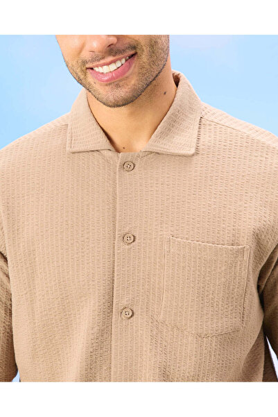 REDTAG Men Beige Lounge Jacquard Shirt