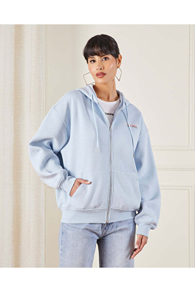 REDTAG Women Blue Back Printed Hooded Sweatshirt