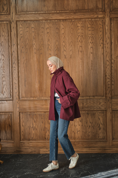 LOCCO Kadın Dik Yaka Gabardin Ceket Bordo