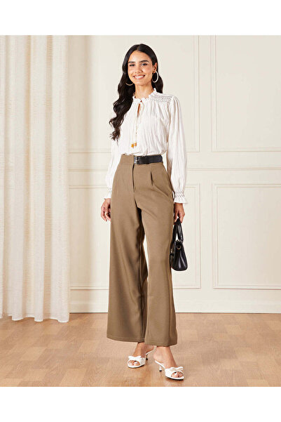 REDTAG Women Olive Belt Detailed Wide Leg Tailored Trousers
