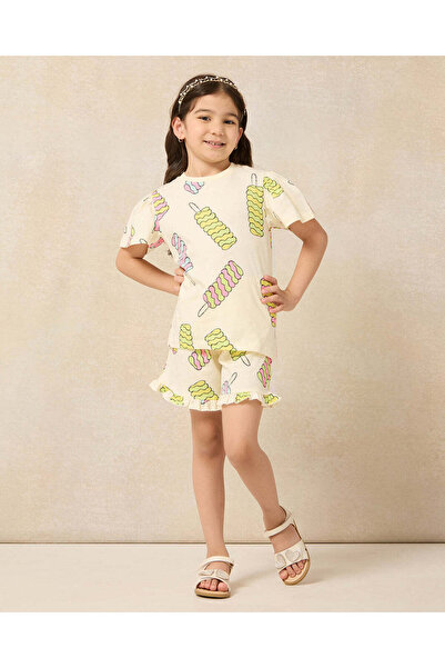 REDTAG Girls Yellow Printed Tee And Shorts Casual Set (2 Piece)