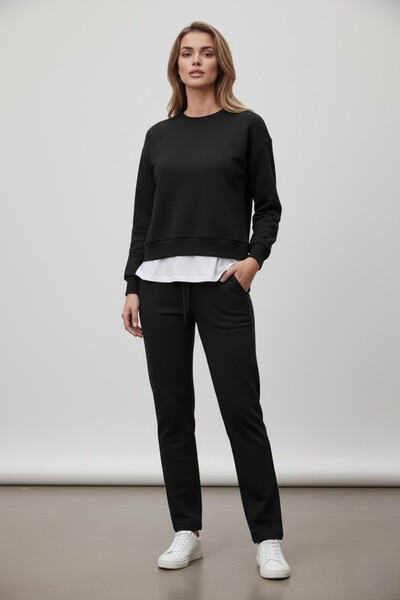 The Γυναικείο Σετ Φούτερ και Παντελόνι με λεπτομέρεια στο κάτω μέρος της φούστας- Μαύρο/Μελανζέ/Γκρι