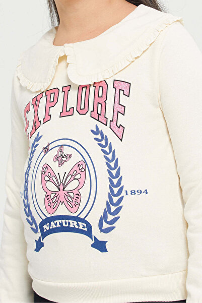 REDTAG Girls Cream Collared Chest Print Sweatshirt