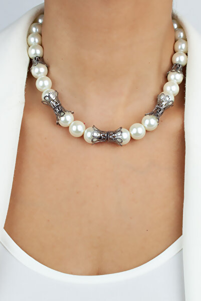 Liveyn Design Glass Pearl Metal Embroidered Necklace