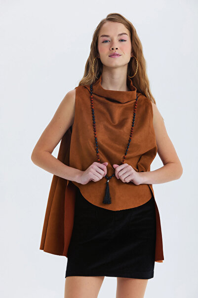 Clandestino Suede Collar Detailed Bohemian Blouse Brown