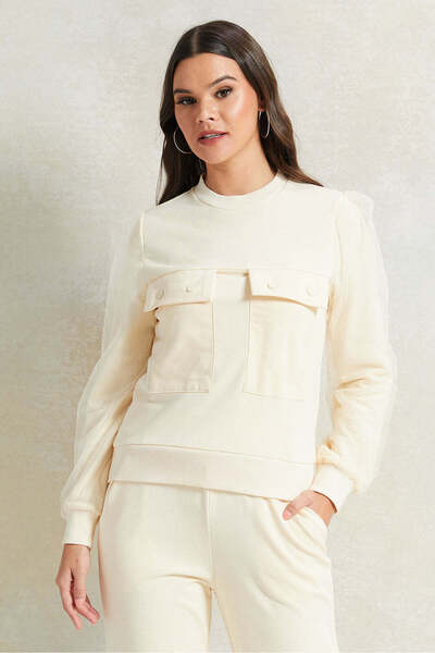 REDTAG Women Beige Embellished Sweatshirt With Front Pocket