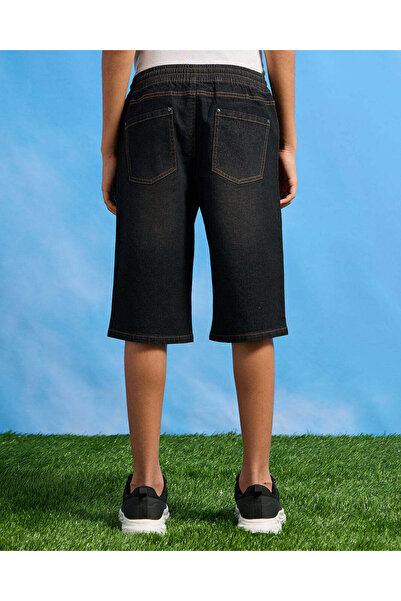 REDTAG Senior Boys Black Pull-on Denim Shorts