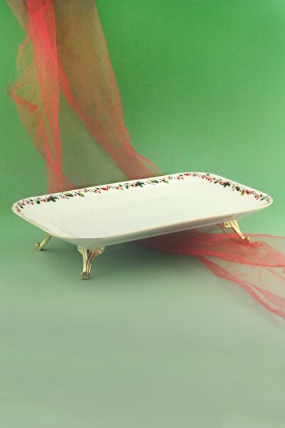Bursa Porselen Dekor Christmas Gold Metal Footed Porcelain Tray