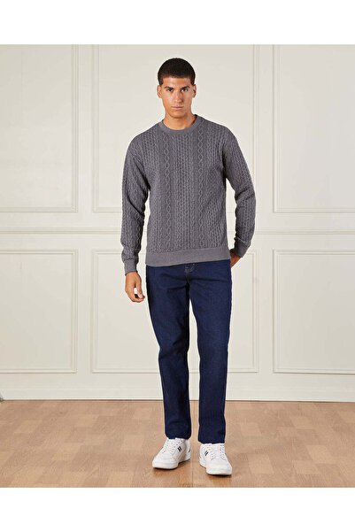 REDTAG Men Charcoal Jacquard Crew Neck Sweatshirt