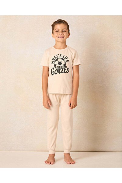 REDTAG Boys Beige Goals Print Pyjama Set (2 Piece)