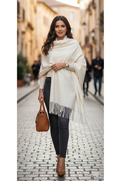 katalya Noir Fringe Shawl Tasseled Shawl - Beige