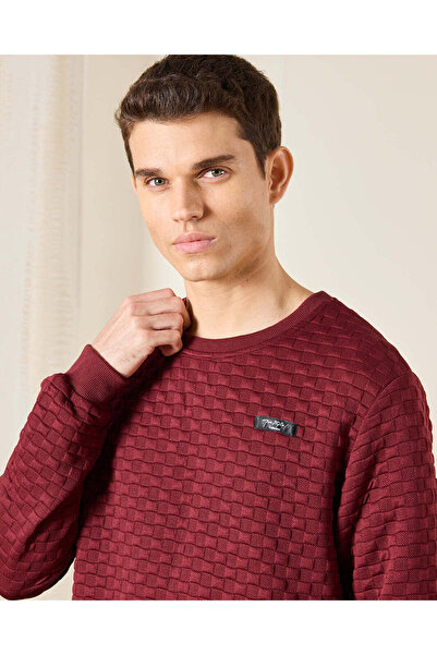 REDTAG Men Burgundy Textured Sweatshirt