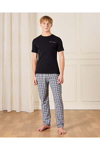 REDTAG Senior Boys Black Checkered Pyjama Set (2 Piece)