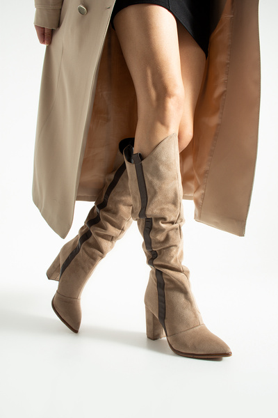 Gökçe Shoes Paulo Krem Süet Şerit Detay Kadın Topuklu Çizme
