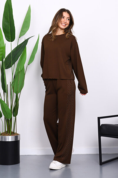 İmajButik بدلة مودال بنية اللون مع تفاصيل حجرية على الجوانب