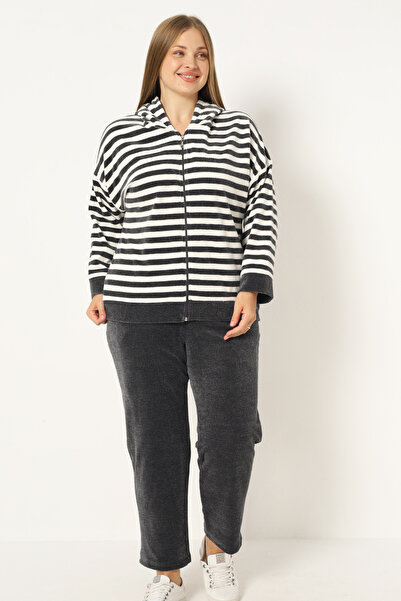 İntensive Women's Plus Size Striped Zippered Hooded Pocket Long Sleeve Cotton Velvet Bottom-Top Tracksuit Set