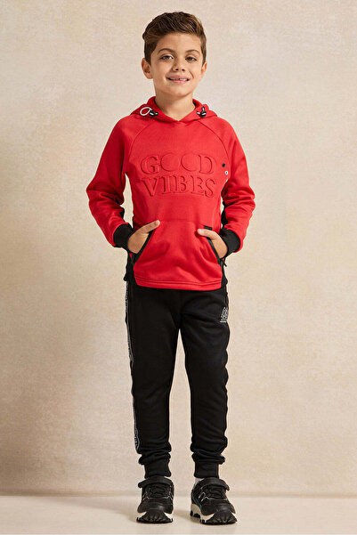 REDTAG Boys Red Hooded Zip-Through Jogging Set (2 Piece)